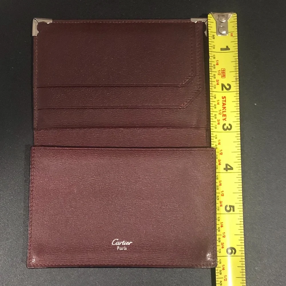 CARTIER Black Leather Card Wallet with Silver Metal Corner Accents
